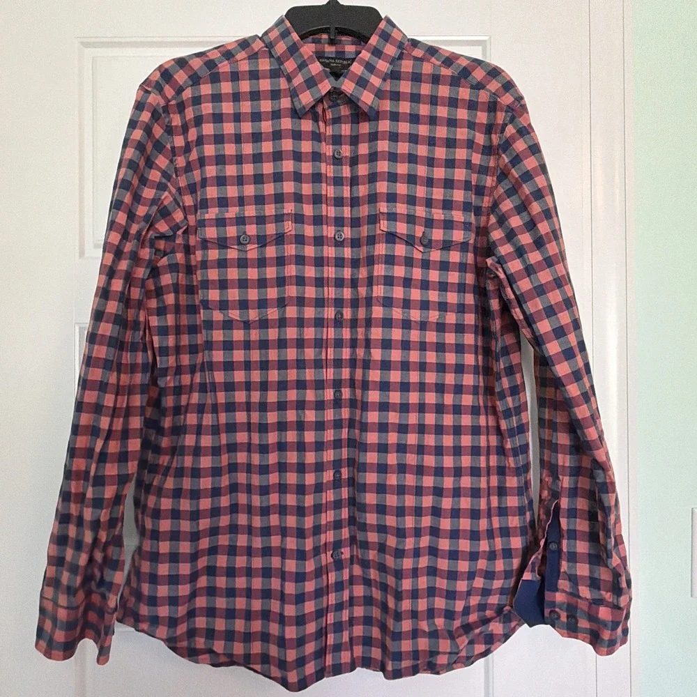 Banana Republic Shirt Men Size Large Slim Fit Quilted Gingham Button Down Casual
